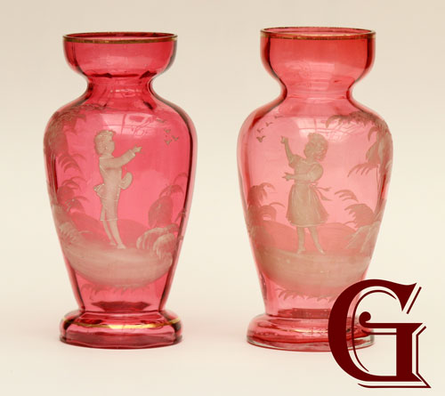 pair cranberry glass Mary Gregory vases